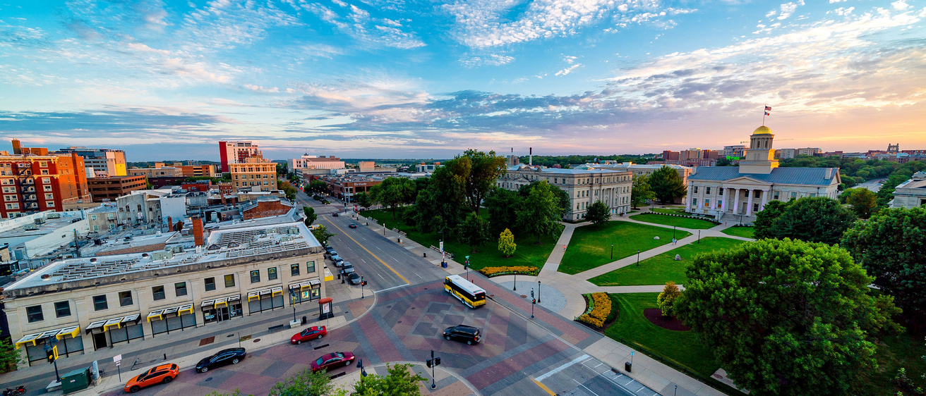 Aerial timelapse photo of the downtown Iowa City and the pentacrest.